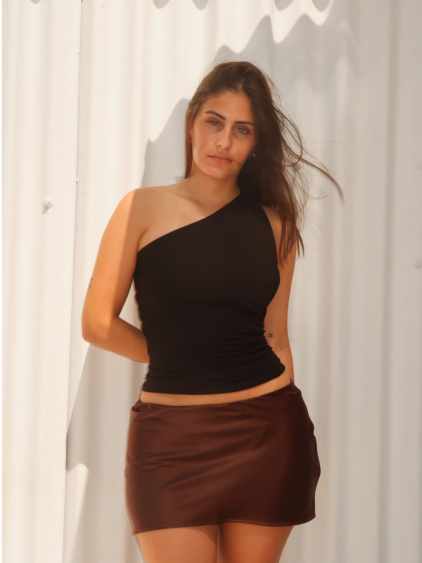 Chocolate Silk Mini Slip Skirt Sample